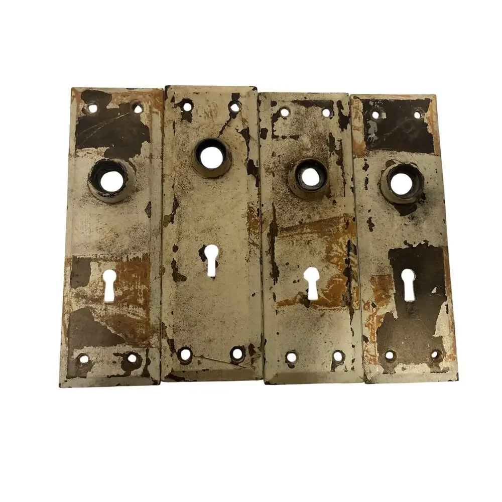 Lot of 4 Vintage Antique Cream Door Metal Backplates Escutcheon Chippy Paint